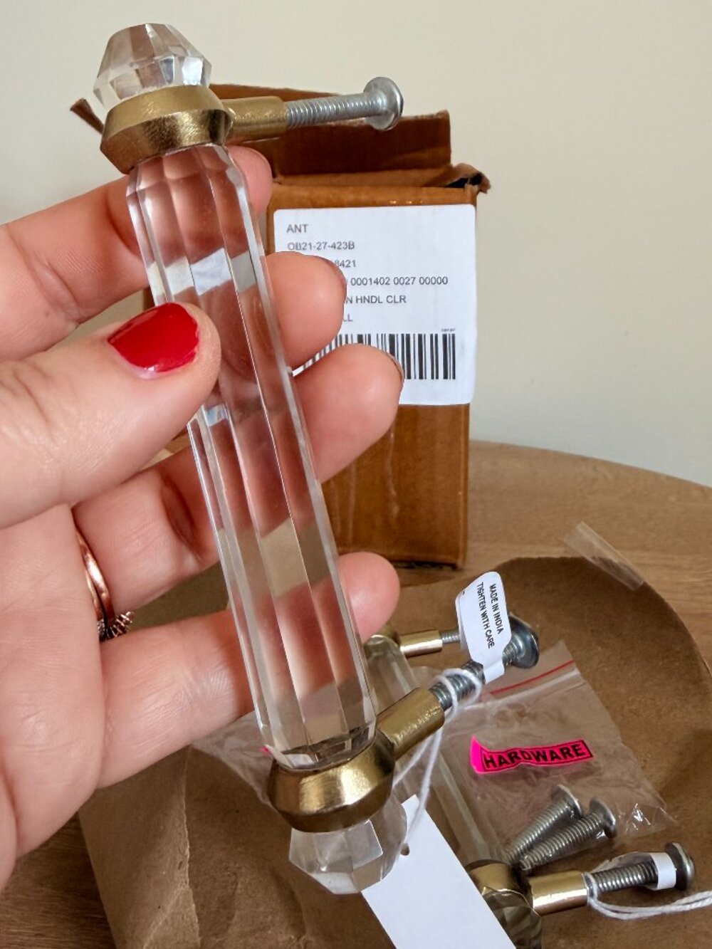 Anthropologie Phoebe 4" Acrylic Lucite Drawer Pull Clear Brass NIB Set of 2